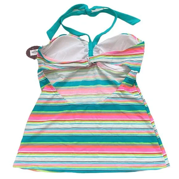 NEW SO Women's Swim Tankini Top Swimsuit Sz M Teal Pink Striped Halter - Picture 4 of 5